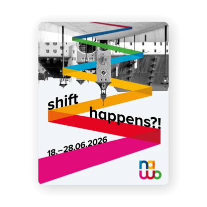 Social-Media-Post im Quadratformat mit dem Key Visual „shift happens?!“, dem Datum 18.–28.06.2026 und dem NaWo-Logo
